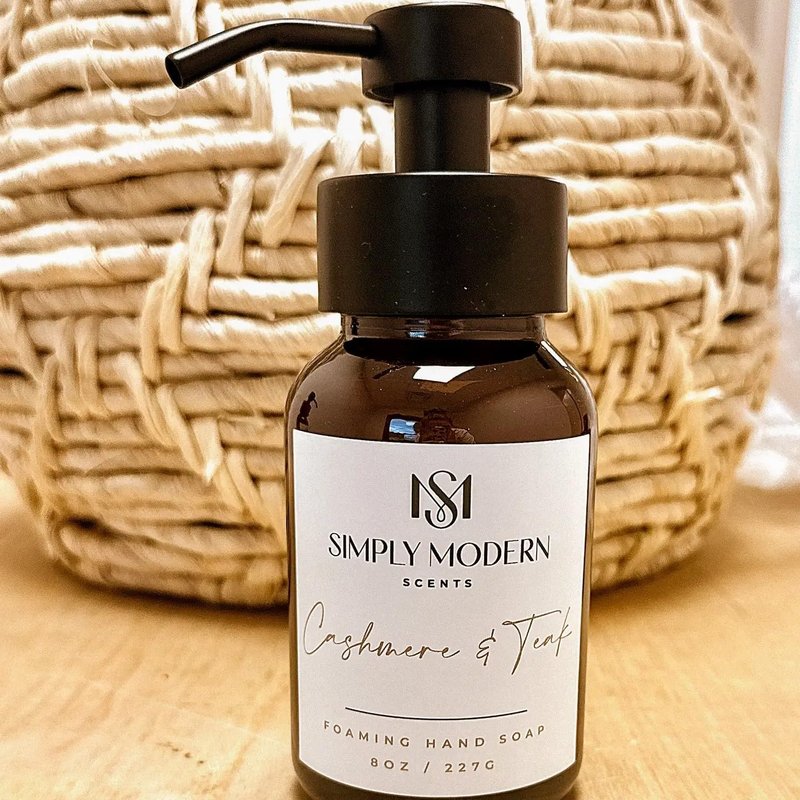 Simply Modern Scents Cashmere & Teak Foaming Hand Soap, Amber Glass Bottle with Pump Dispenser, 8 Fl Oz, Natural Ingredients