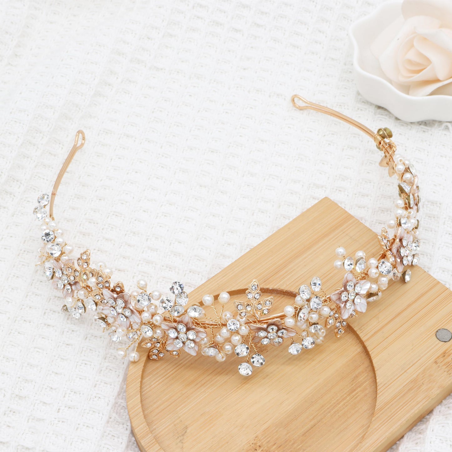 Oriamour Wedding Headbands Bridal Pearl and Crystal Floral Hair Accessories Bridal Headpieces For Bride Women Party Prom (Gold, 18'')