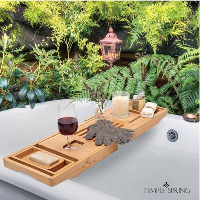 Temple Spring Bathtub Caddy Tray - Extendable Bath Tray for Bathtub with Candle, Wine Glass, Book, Pad & Phone Holders - Adjustable Bathtub Tray Over tub w/Bathroom Accessories - Natural Wood