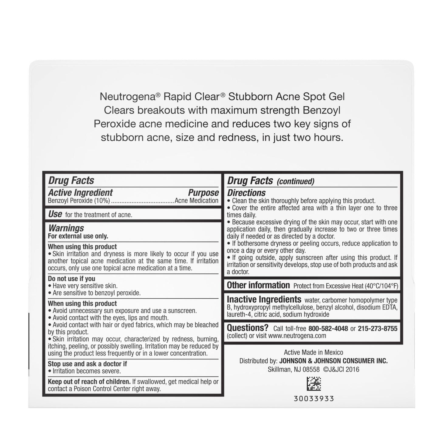 Neutrogena Rapid Clear Stubborn Acne Spot Treatment Gel with Maximum Strength 10% Benzoyl Peroxide Acne Treatment Medication, Pimple Cream for Acne Prone Skin Care, 1 oz, 2 Pack