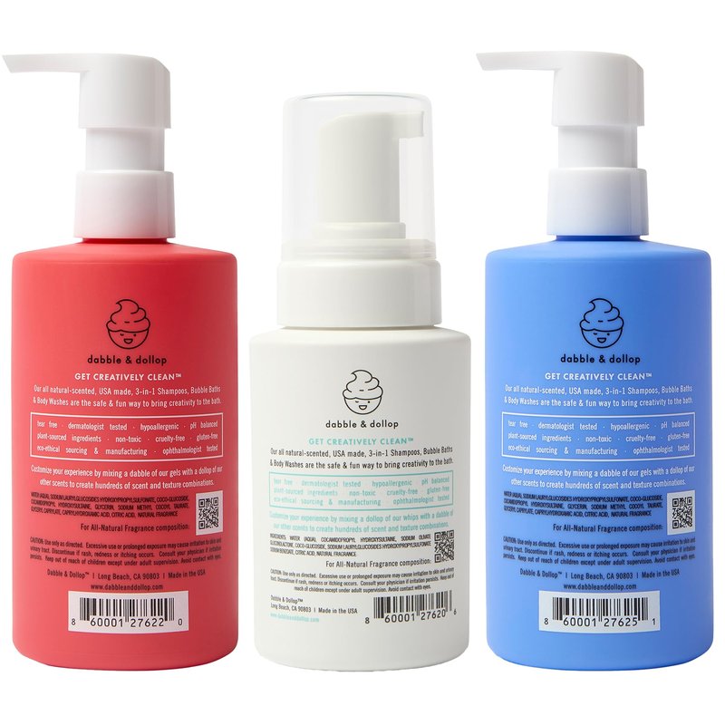 Dabble & Dollop USA Kids 3-in-1 Body Wash, Shampoo & Bubble Bath Variety Set – Strawberry, Blueberry & Vanilla, Tear-Free, Gentle, Hypoallergenic and Safe for Sensitive Skin (Pack of 3)