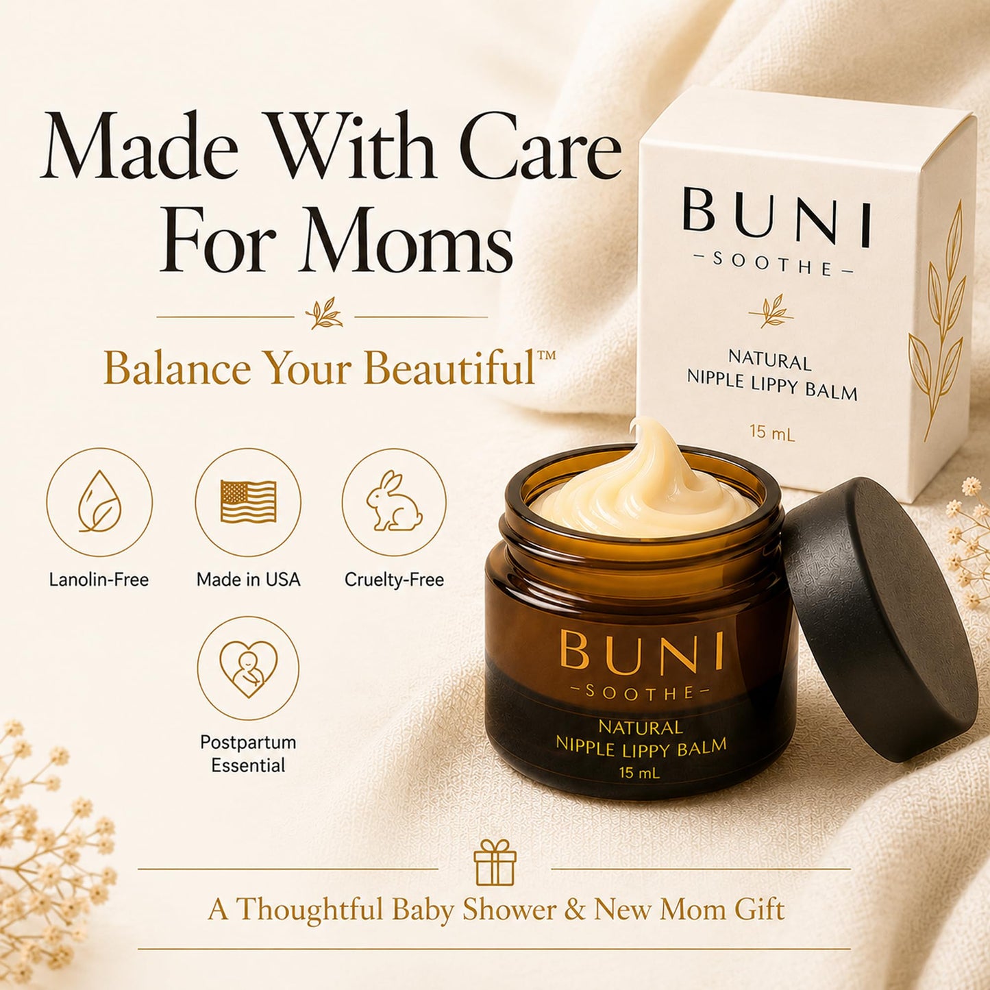 BUNI Nipple Cream & Lip Balm, Safe for Breastfeeding, Unscented (0.5 oz)