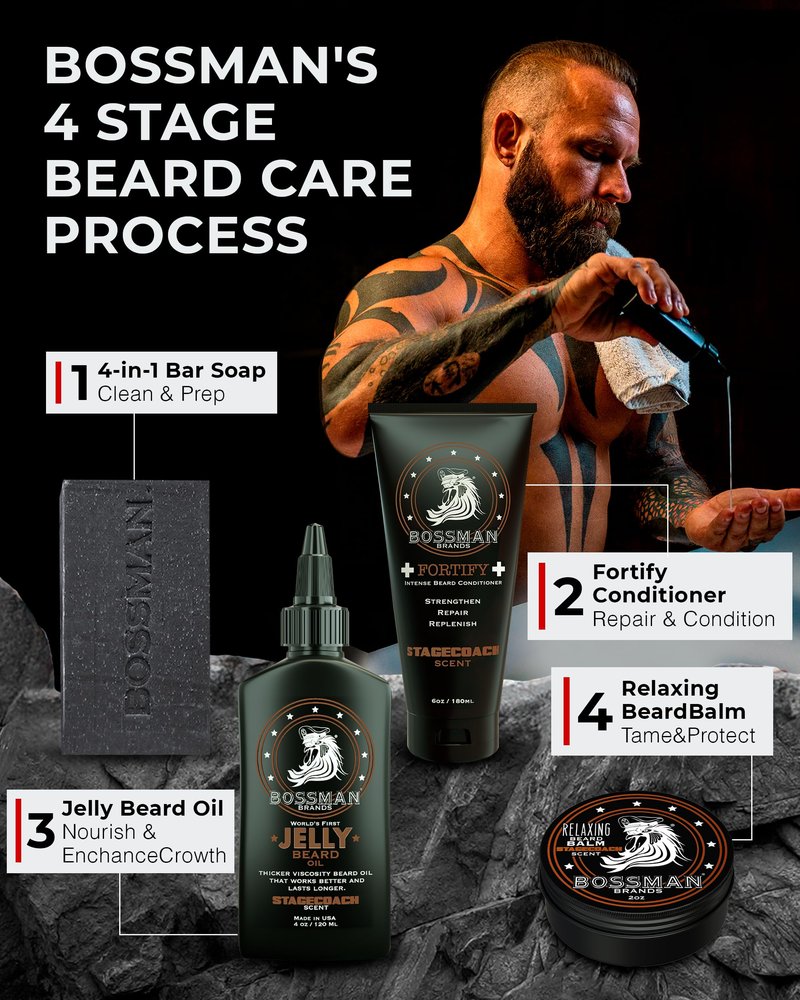 Bossman Big Boss Beard Care Kit for Men - Gifts for Dads, 7 Piece Beard Grooming Kit w/Jelly Beard Oil, Beard Conditioner, Beard Balm, MUDstache Wax, Bar Soap, Shower Brush, Oval Brush (Hammer)