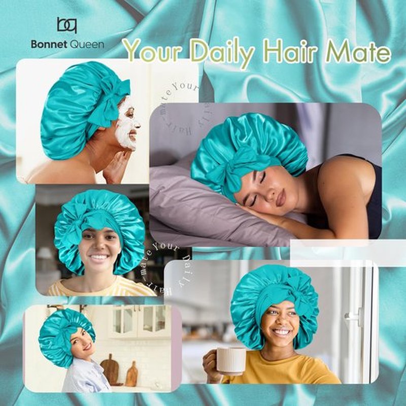 BONNET QUEEN Large Satin Bonnet Silk Bonnet for Sleeping Women Hair Bonnet Big Bonnet Night Sleep Cap Scarf Wrap for Curly Hair with Tie Band Aqua