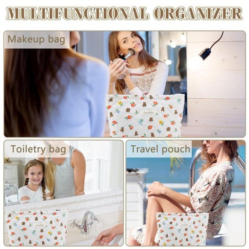 ZLFSRQ Cotton Quilted Makeup Bag Travel Cute Floral Cosmetic Bag for Women Large Coquette Flower Bear Makeup Pouch Zipper Cosmetic Pouch for Purse Aesthetic Makeup Organizer Portable Toiletry Bag