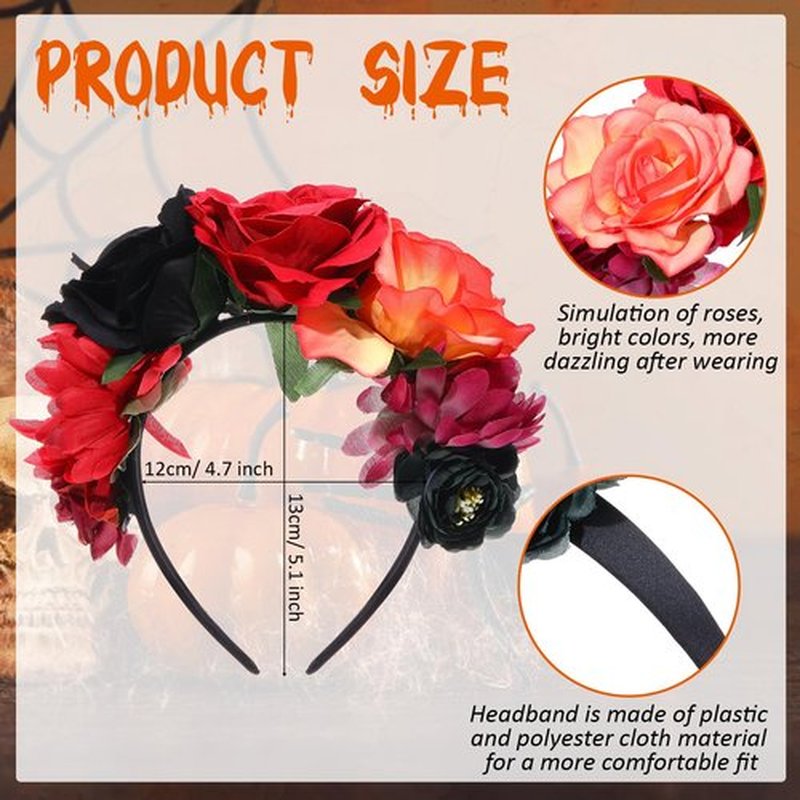 WILLBOND 3 Pcs Mexican Rose Flower Crown Headband Day of The Dead Headband Halloween Cosplay Headpiece(Stylish Colors)