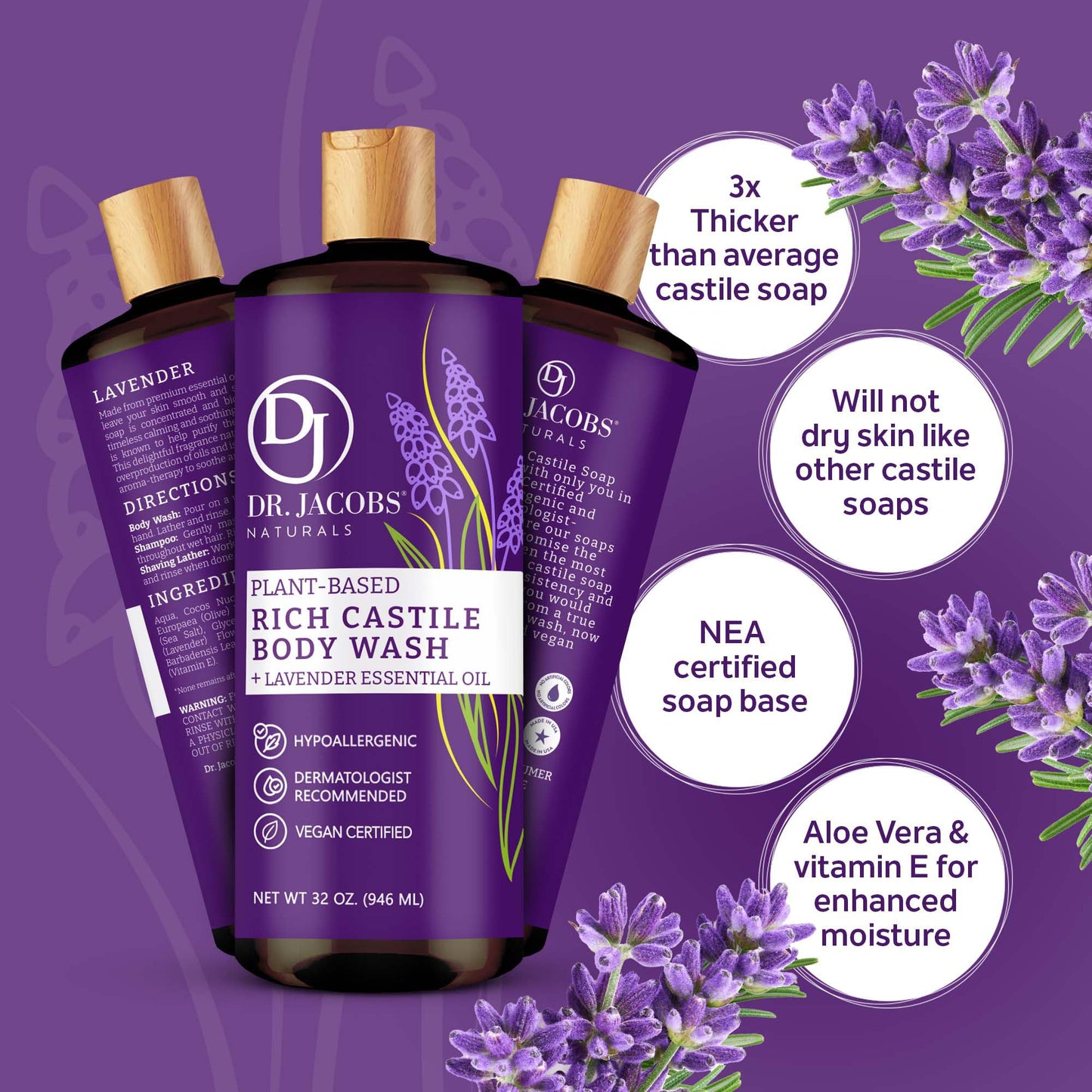 DR. JACOBS NATURALS Castile Lavender All-Natural Body Wash for Moisturizing Dry and Sensitive Skin Shampoo with Plant-Based Ingredients Gluten, Preservatives-Free Formula - 32 oz, Pack of 1