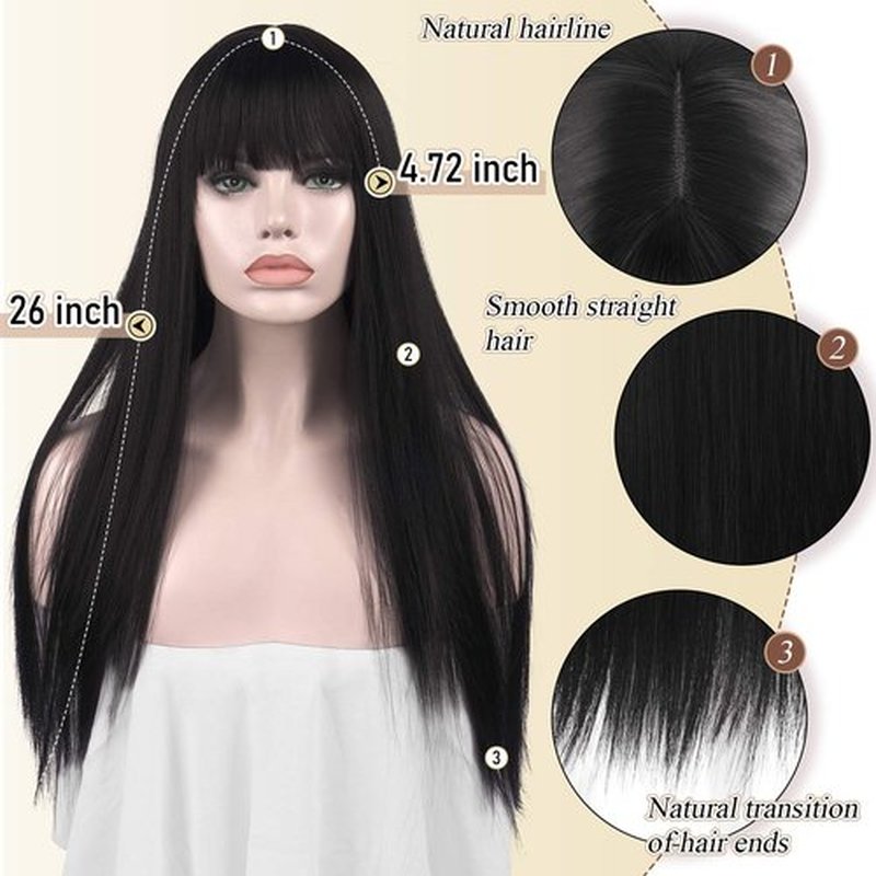 SOFEIYAN 26 inches Long Straight Wig with Bangs off Black Synthetic Hair Replacement Wigs Heat Resistant Full Wig for Women Girls