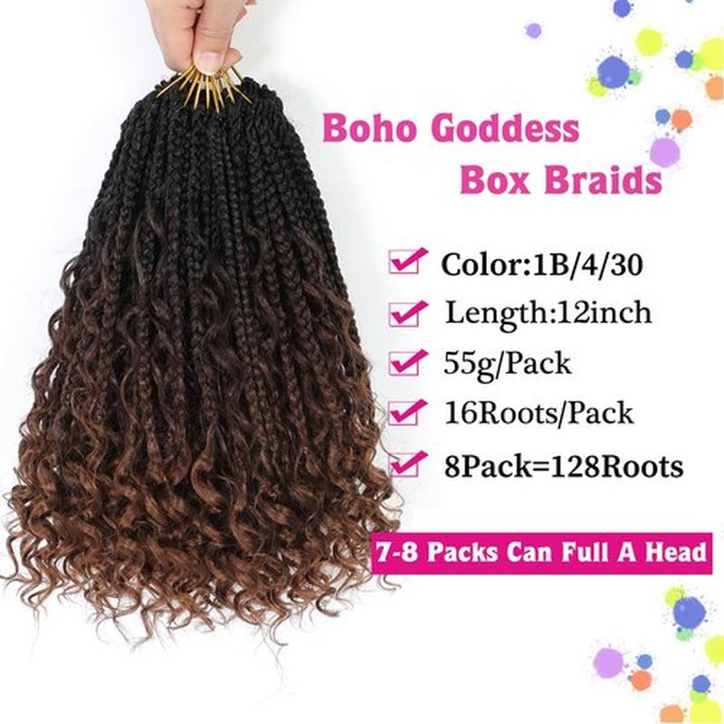 12inch Goddess Box Braids Crochet Hair Crochet Box Braids Curly Ends 3X Bohemian Crochet Box Braids Hair Synthetic Crochet Hair Extensions(12inch(Pack of 8), 1B/4/30)