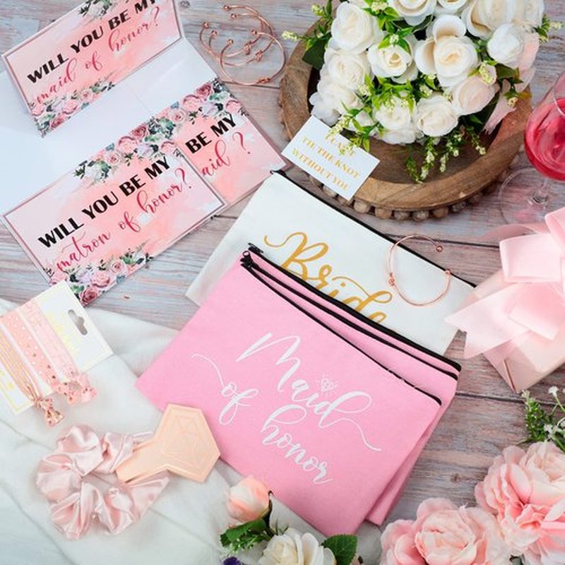 63 Pcs Bridesmaid Proposal Gifts Bulk Maid of Honor Gifts Matron of Honor Gifts Brides Bridesmaid Cosmetic Makeup Bag Hair Knotted Bracelets Invitation Cards for Wedding Bachelorette (Vivid Style)