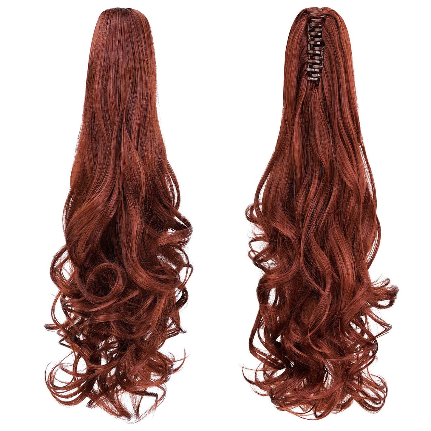 HEWEICSY Ponytail Extensions,Hair Extension Ponytail 22" Long Claw Hair Extension Synthetic Curly Wavy Hairpieces Ponytail Clip in Ponytail Wig Daily Fluffy Pony Tail for Women,4.8 OZ,Auburn