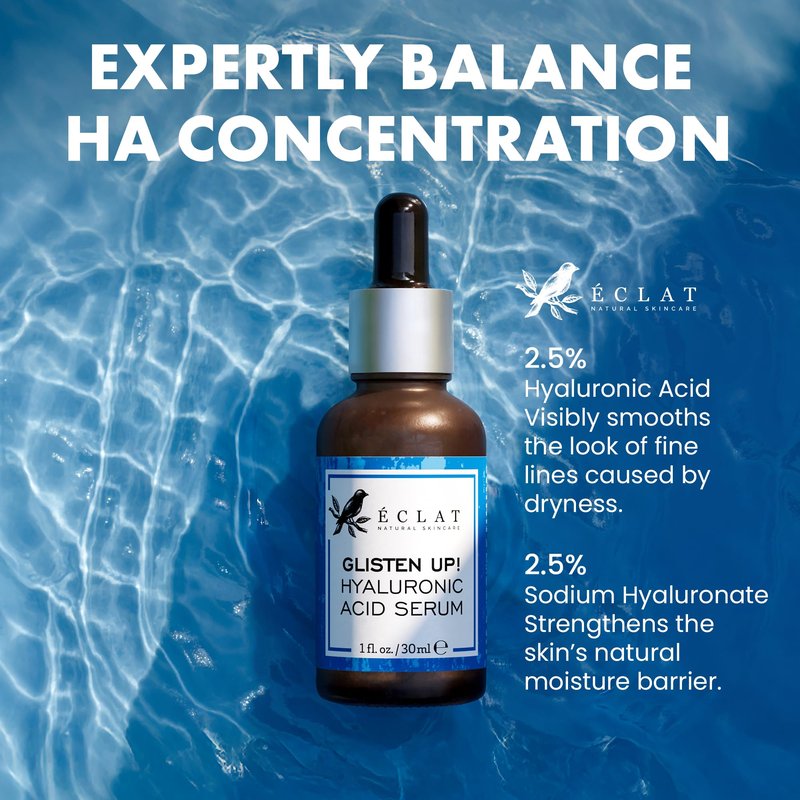 Eclat Skincare Hydrating Hyaluronic Acid Serum for Face – 2.5% Hyaluronic Acid + 3% B5, Green Tea & Jojoba Oil - Moisturizing & Plumping Formula for Radiant & Smoother Skin 1 Fl Oz