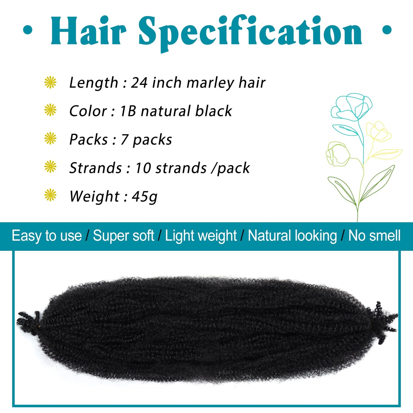 Marley Twist Braiding Hair 24 Inch 7 Packs Cuban Twist Hair Springy Afro Twist Hair Marley Hair for Soft Faux Locs Crochet Hair Pre Separated Spring Twist Hair Kinky Twist Hair for Braiding (1B#)