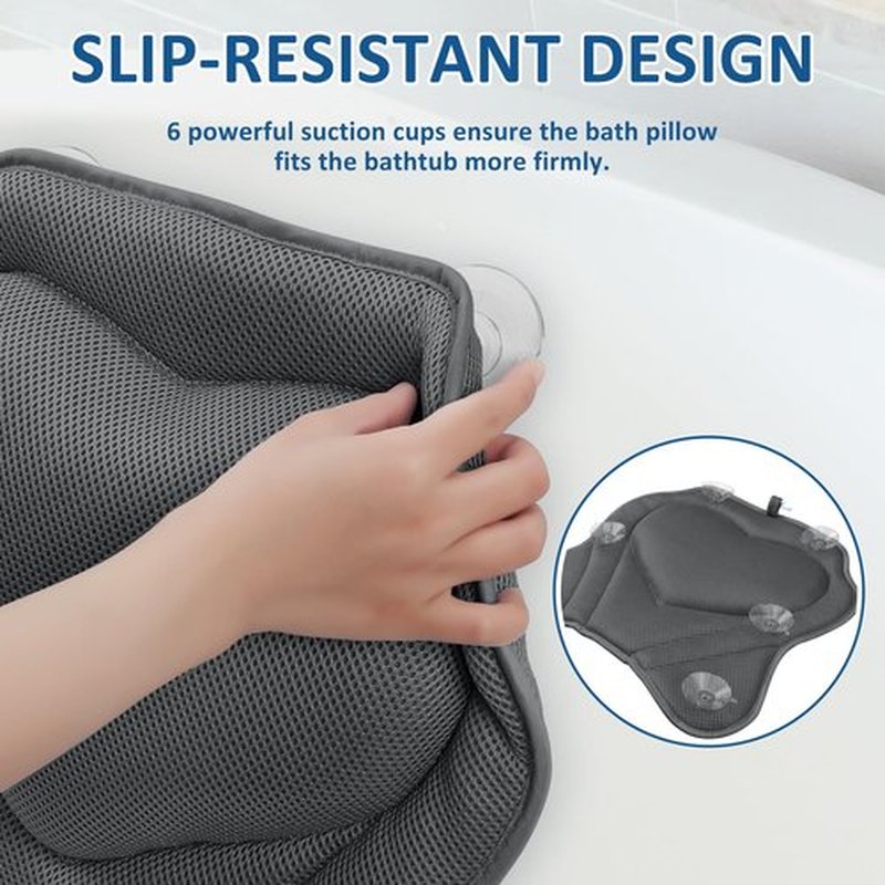 LuxStep Bath Pillow-Bathtub Pillow with Air Mesh Fabric & 6 Non-Slip Suction Cups, Bath Pillows for Tub Head, Neck and Back Support, Bath Accessories Spa Gifts, Grey