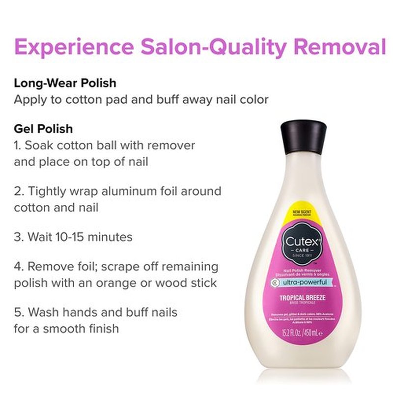 Cutex Gel Nail Polish Remover, Ultra-Powerful & Removes Glitter and Dark Colored Paints, Tropical Breeze Scent, 15.2 Fl Oz (Pack of 2)
