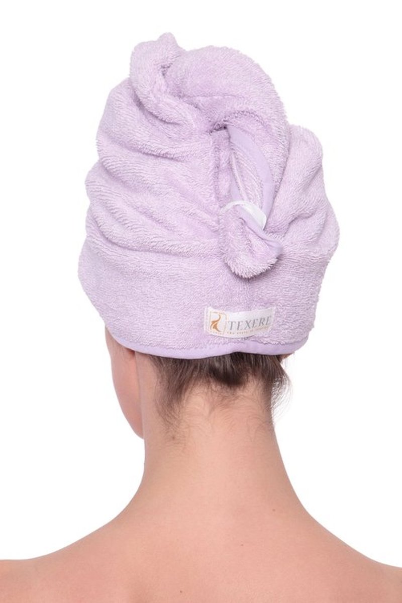 Texere Women's Viscose from Bamboo and Cotton Terry Spa Hair Towel - Fast Drying, Absorbent Hair Wrap Twist Turban for Long, Thick, and Curly Hair (Tya, Lavender Fog, U)