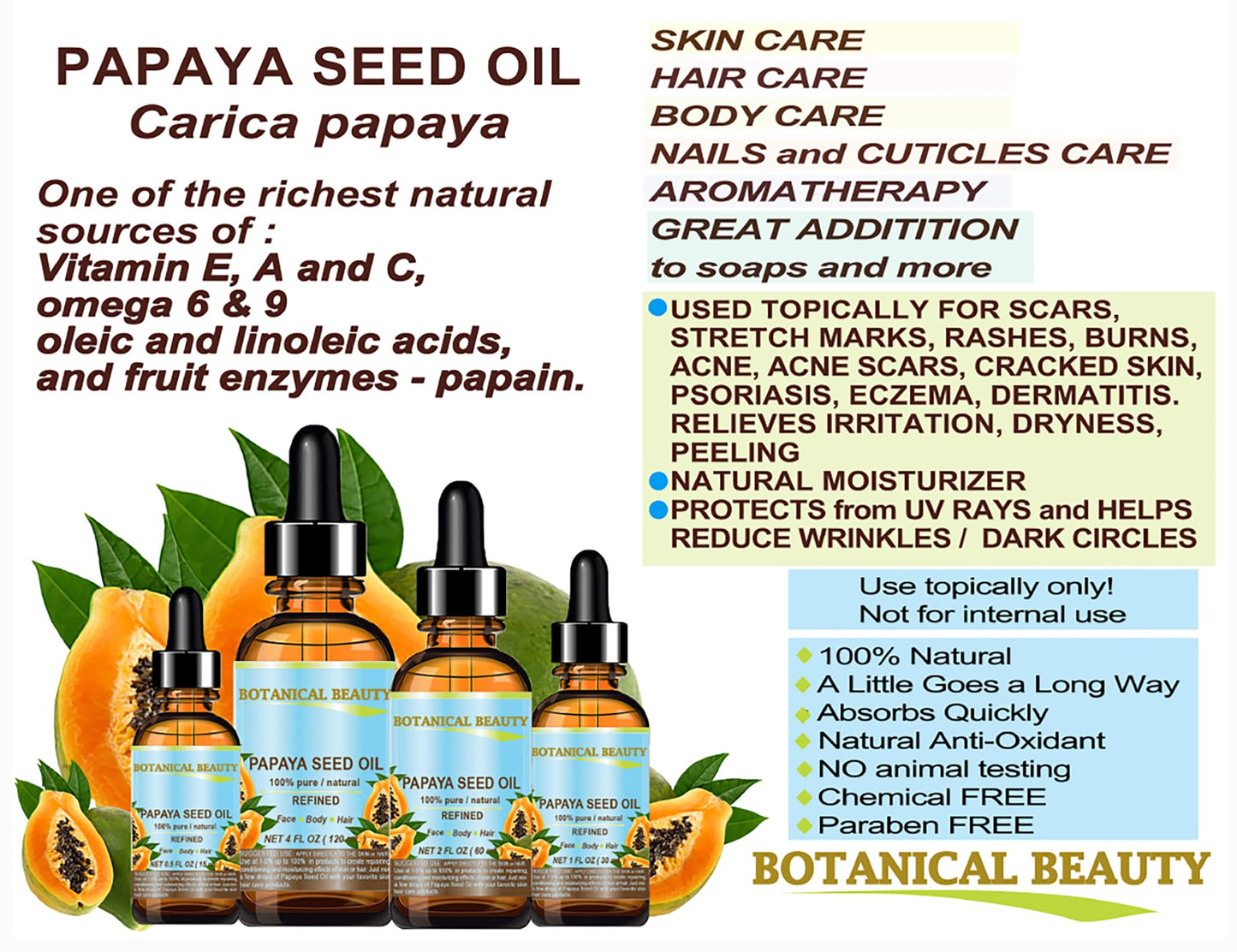 Botanical Beauty PAPAYA SEED OIL 100% Pure Natural Undiluted Refined Cold Pressed Carrier Oil. 2 Fl.oz.- 60 ml. for Face, Skin, Hair Lip Care, Nails. Rich in Vitamin C