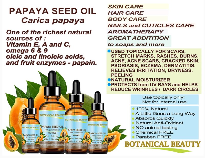 Botanical Beauty PAPAYA SEED OIL 100% Pure Natural Undiluted Refined Cold Pressed Carrier Oil. 2 Fl.oz.- 60 ml. for Face, Skin, Hair Lip Care, Nails. Rich in Vitamin C