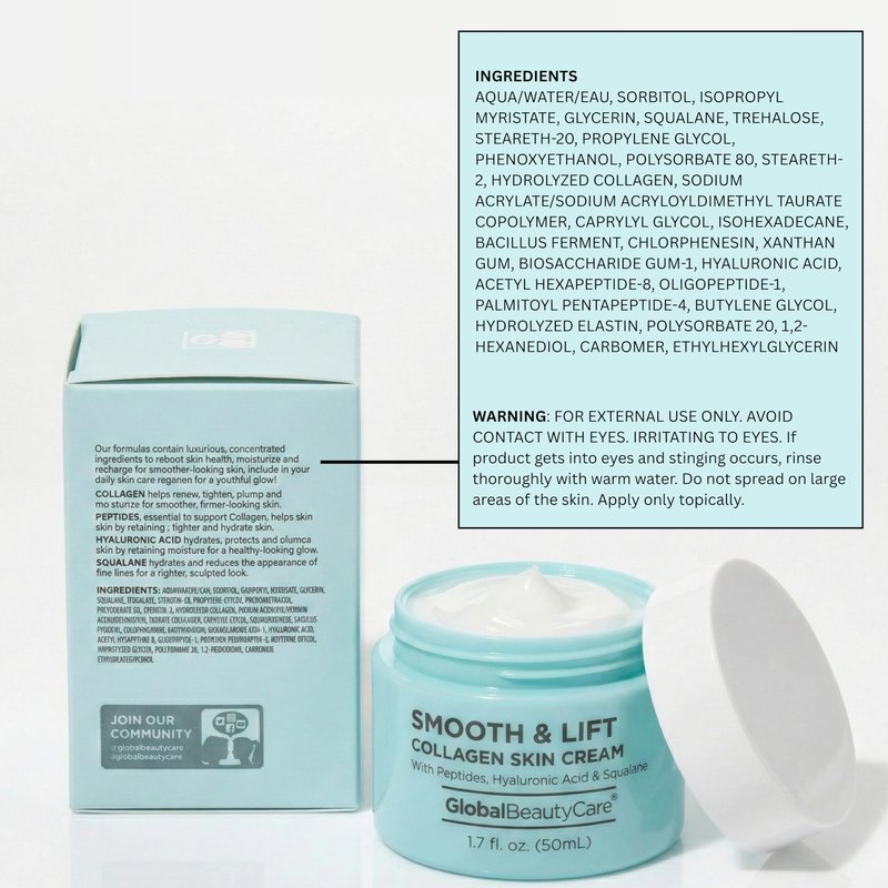 Global Beauty Care Smooth & Lift Collagen Skin Cream wiith Peptides, Hyaluronic Acid & Squalane 1.7 fl oz 50ml