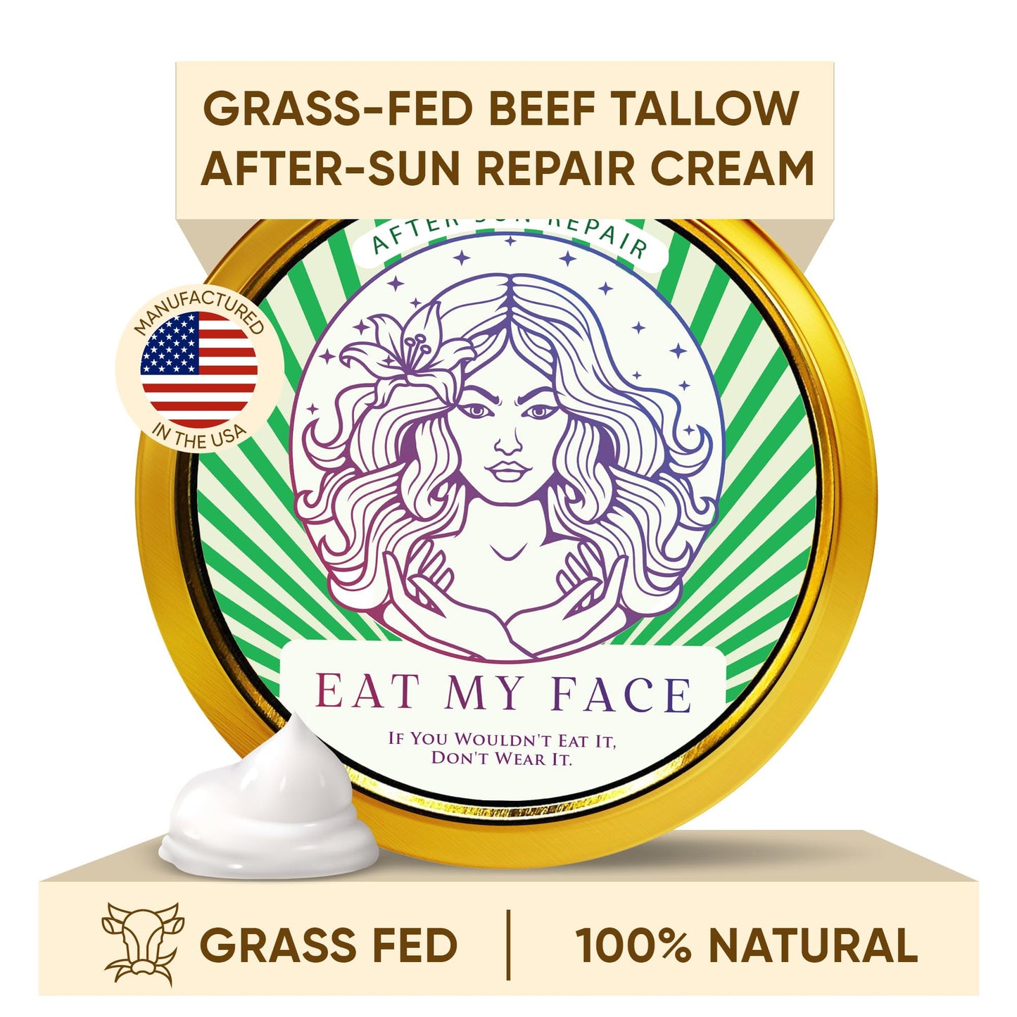 Eat My Face Grass Fed Beef Tallow Cream Aloe Vera After Sun Cream Repair | Enriched with Shea Butter, Cocoa Butter, Jojoba Oil, Sea Buckthorn, and Vitamin E, 4 fl oz