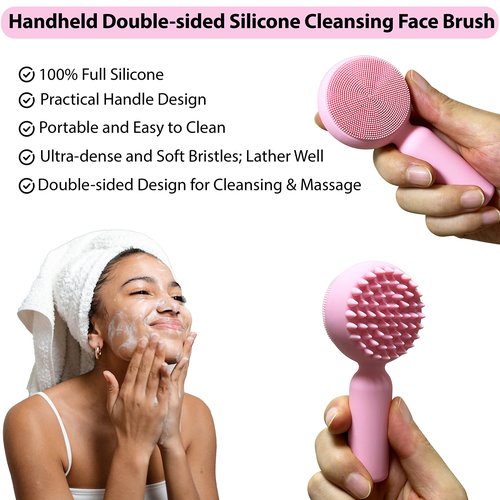 Silicone Facial Cleansing Brush 2 in 1 Silicone Facial Scrubber Manual Exfoliating Facial Brush Face Cleanser Face Exfoliator Ultrafine Bristles for Sensitive Skin Easy to Clean Lather Well (Pink)