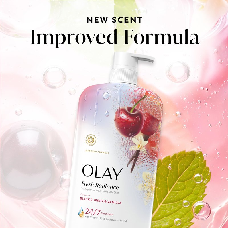 Olay Body Wash for Women, Fresh Radiance, 24/7 Skin-Loving Freshness, Visibly Radiant, Plant Based Cleansers, Vitamin B3 & Antioxidant Blend, For All Skin Types, Black Cherry & Vanilla Scent, 29 fl oz