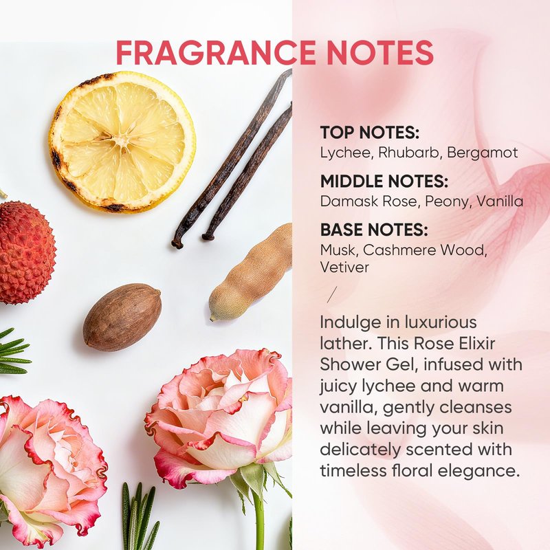 Easyes Rose Essence Body Wash for Women, Damask Rose Shower Gel with Real Rose Petals, Natural Moisturizing Hydrating Bodywash with Hyaluronic Acid, Ceramides & Coconut Oil Rich Floral Fragrance 14 oz