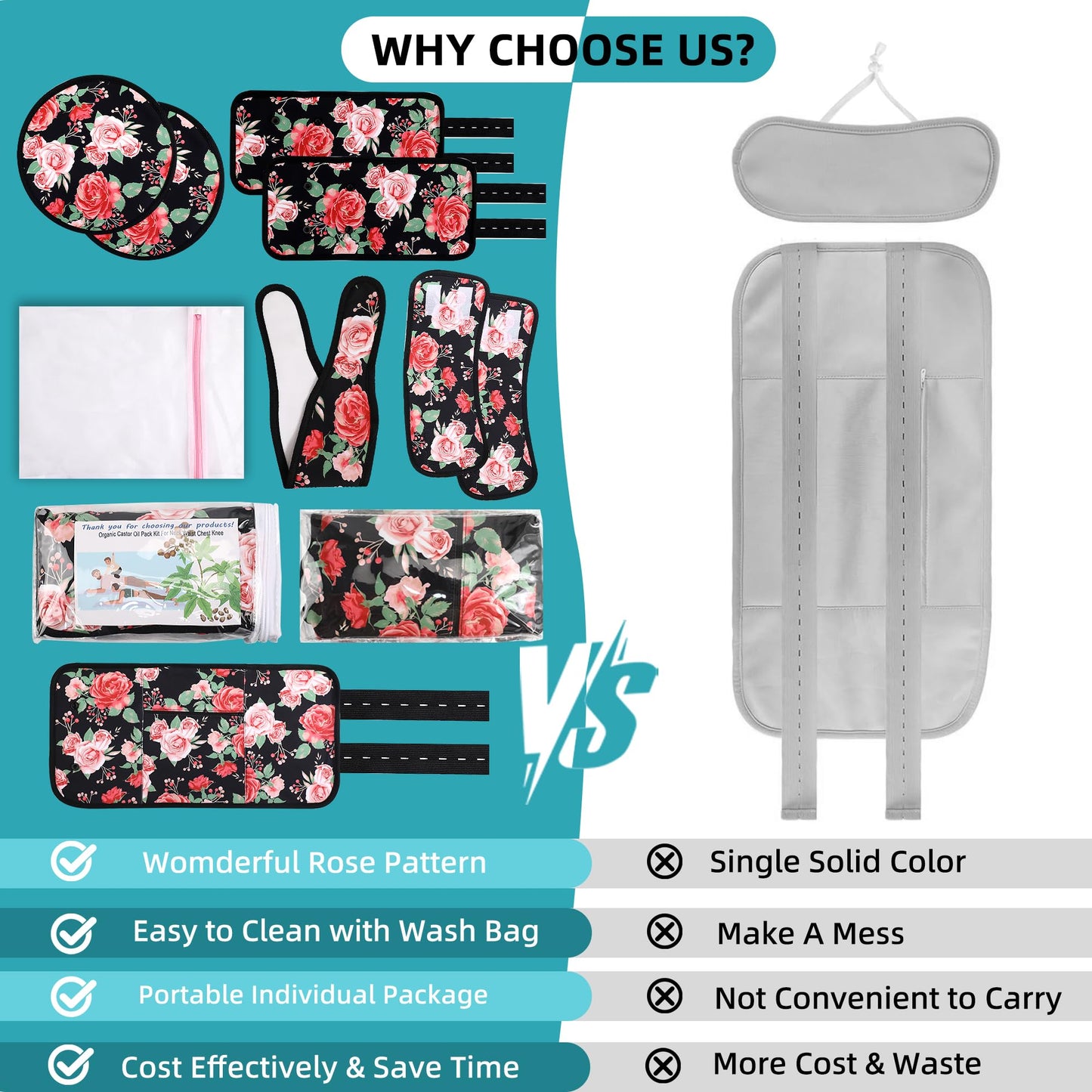 Castor Oil Pack Wrap Organic Cotton for Stomach Neck Belly Chest Knee Feet, 9 Pcs Adjustable Elastic Straps Castor Oil Wrap, Reusable Caster Oil Packs with Laundry Bag, Machine Washable Anti Oil Leak
