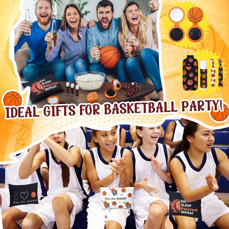 Teecyhooo 90 Pcs Basketball Gifts Basketball Party Favors for Team Include 18 Cosmetic Bag 18 Folding Hair Brush with Mirror 18 Hair Scrunchies 18 Lip Balm 18 Lipstick Holder Keychain(Orange,Classic)