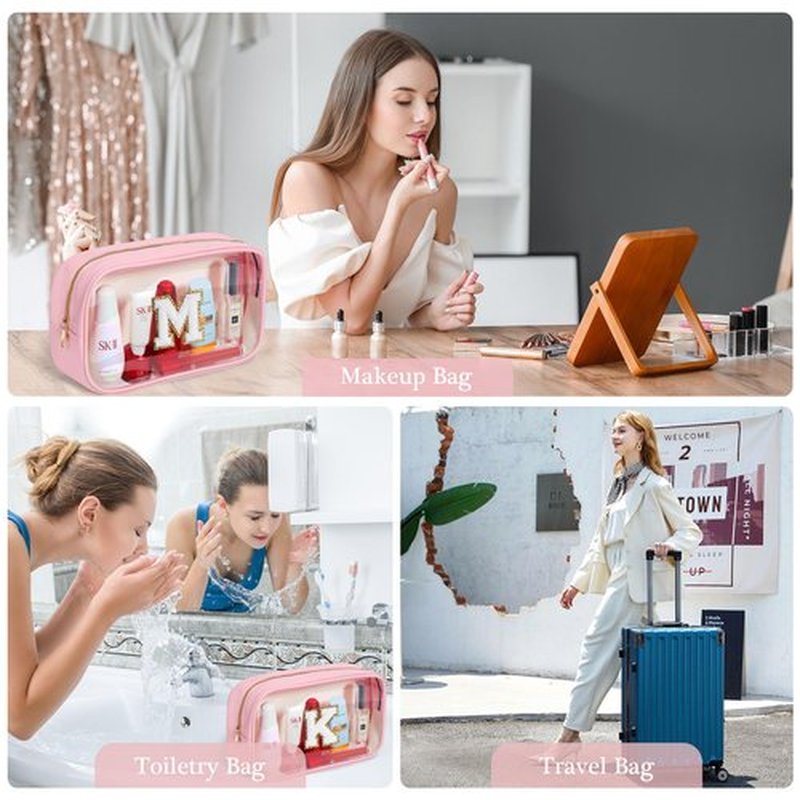 YOOLIFE Initial Clear Makeup Bag Make Up Bag Travel Toiletry Bag Preppy Cosmetic Bags Organizer Travel Essentials Pink Gifts for Women Teen Girlfriend Teacher Mom Brithday Gifts Clear Toiletry Bag A