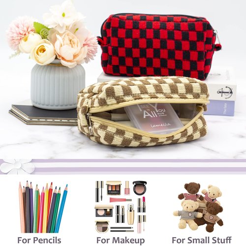 PAZIMIIK Checkered Makeup Bag for Purse Portable Zipper Make Up Pouch Small Cosmetic Case for Travel Accessories (Coffee)