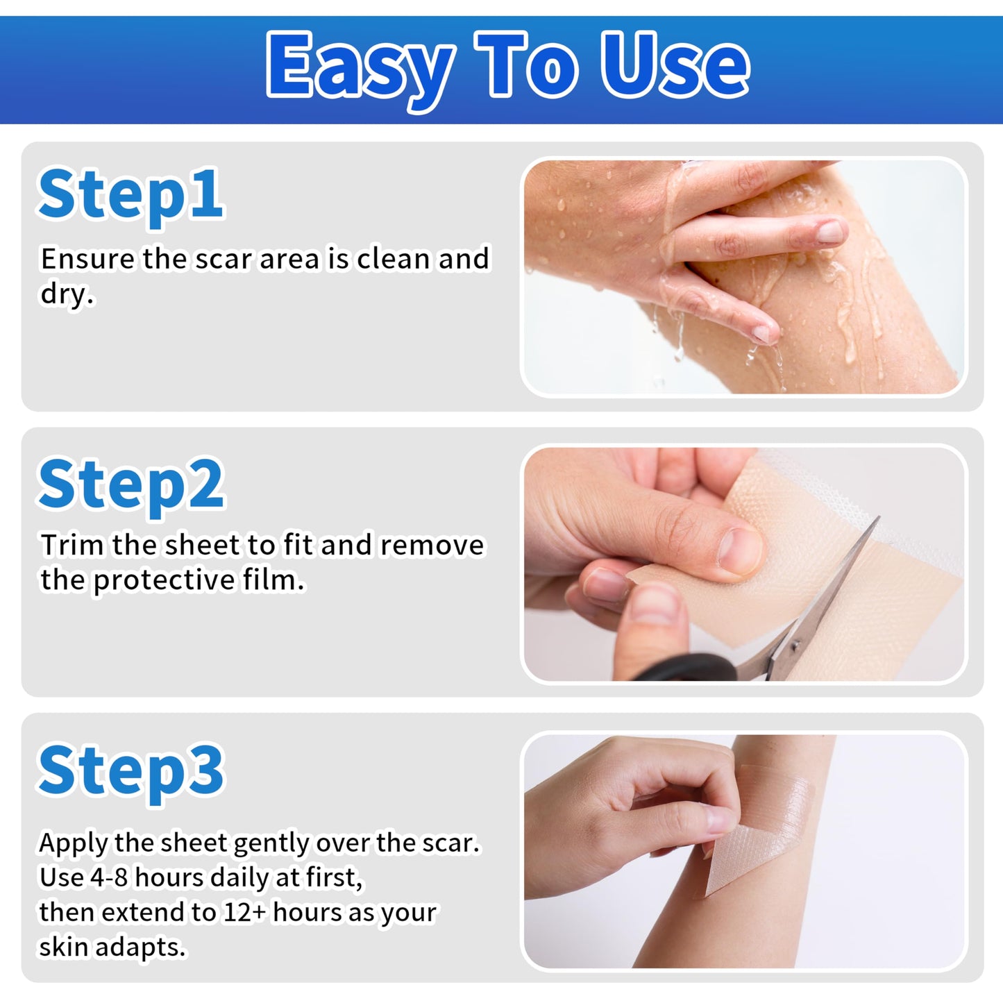 HBM Medical Grade Silicone Scar Tape, Scar Silicone Strips,Silicone Scar Sheets for Surgical Scars, C-Section, Keloid, Burn, Acne, Reusable Scar Removal Tape for Old & New Scars (4 x 150 cm)