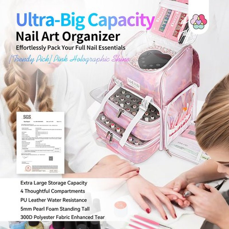 SAVILAND Nail Polish Organizer Bag: PU Leather Nail Kit Organizer Holds 70 Bottles (15ml-0.5 fl.oz) and Nail Lamp, Portable Nail Polish Storage Carrying Case Nail Organizers and Storage for Nail Tech