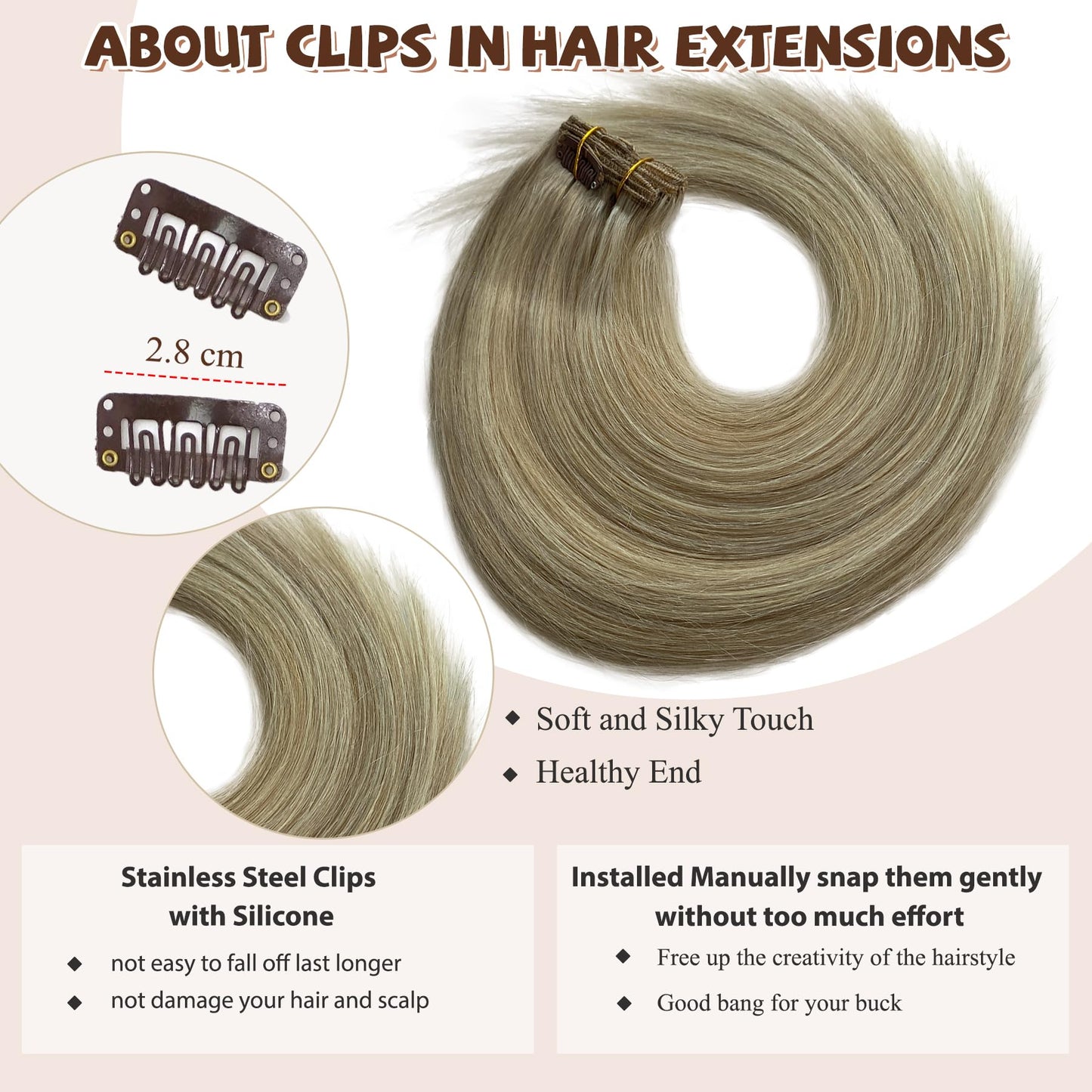 Clip in Hair Extensions Real Human Hair 14inch Ash Brown Mixed Bleach Blonde Hair Extensions Real Human Hair Clip ins 70 gram Double Weft Straight Clip in Hair Extensions
