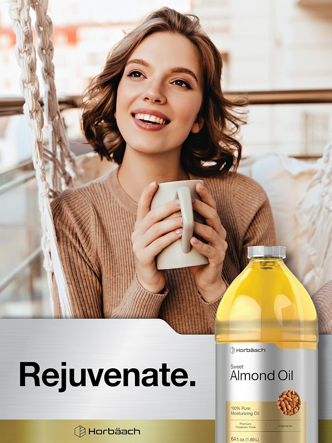 Horbäach Sweet Almond Oil 64 fl oz | for Hair and Skin | Cold Pressed & Hexane Free | Bulk Size Carrier Oil | Vegan, Non-GMO, Cruelty Free