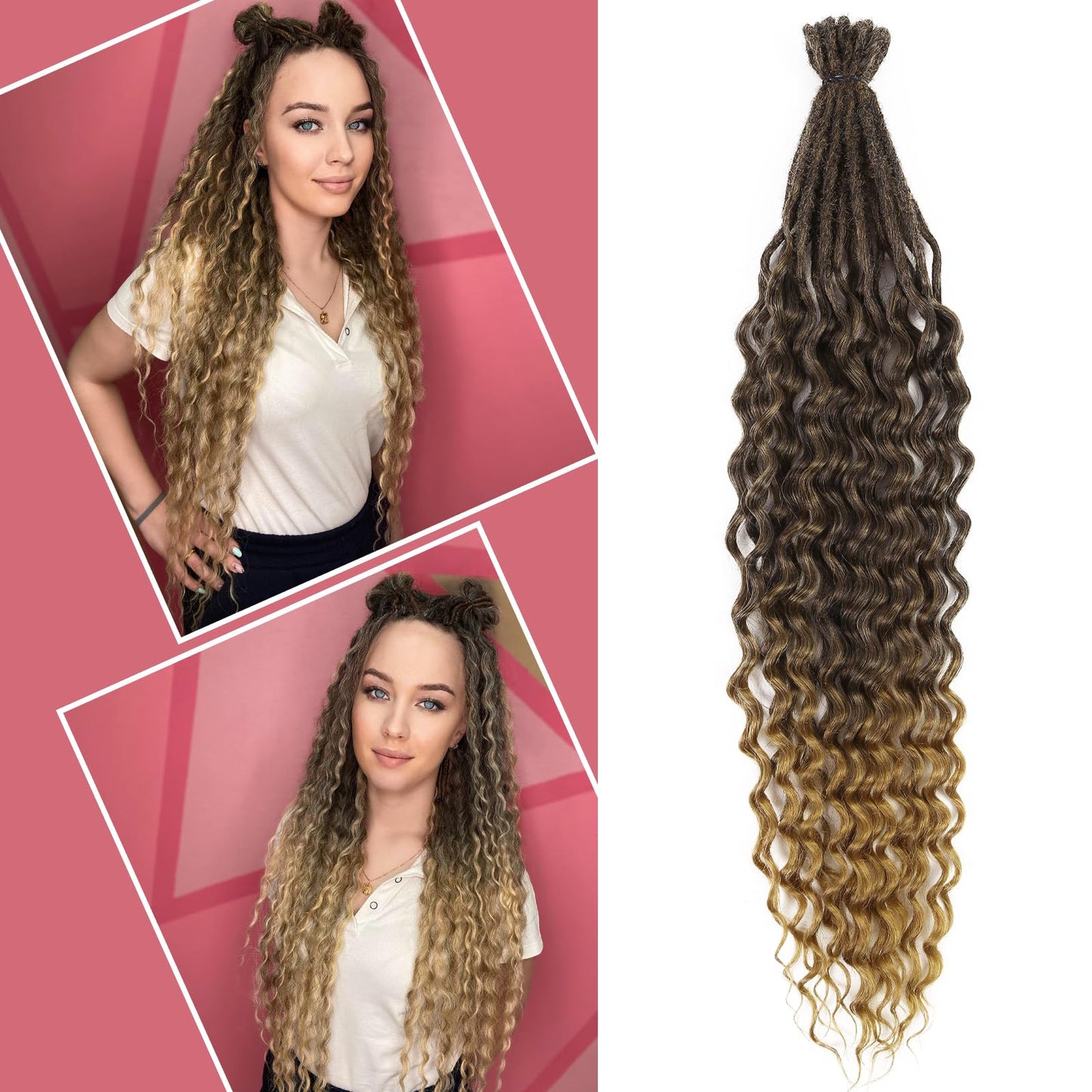 HANNE 24 Curly Double Ended Wavy Dreadlock Extensions for Women and Men 10 Strands Handmade Wools Hippie Style Locs Crochet Hair Extensions Ombre Brown Goddess DE Dreads Extensions (24 inch, MT1B/27)