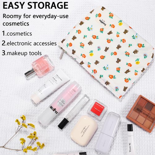 ZLFSRQ 2Pcs Flower Makeup Bag Travel Cute Cosmetic Bags for Women Large Floral Bear Makeup Pouch Zipper Cosmetic Pouch Set for Purse Aesthetic Corduroy Makeup Organizer Bag Portable Toiletry Bag