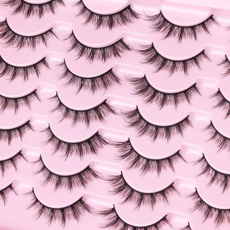 False Lashes Natural Look Wispy Eyelashes Manga Korean Spiky 16mm Short Faux Mink Eyelashes Fluffy Cat Eye Natural Fake Eyelashes Strip Lashes Pack 14 Pairs