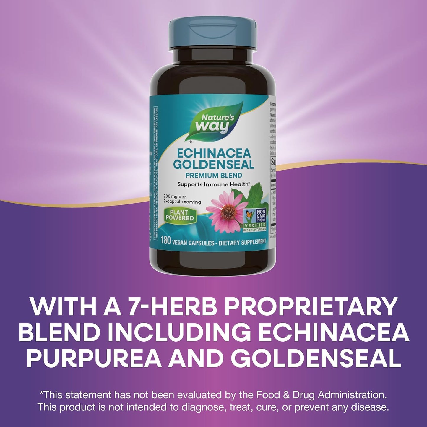 Nature's Way Echinacea Goldenseal, Premium Blend, Supports Immune Health*, 900 mg per 2-Capsule Serving, Non-GMO Project Verified, Vegan, 180 Capsules (Packaging May Vary)