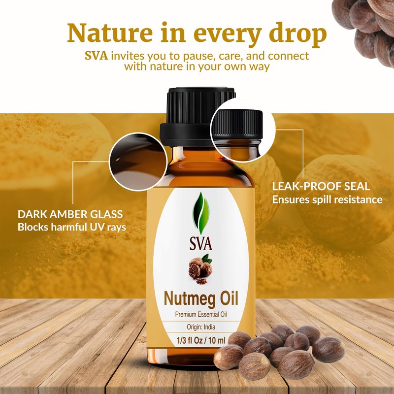 SVA Nutmeg Essential Oil – 1/3 Fl Oz – 100% Natural Nutmeg Oil - for Diffuser, Hair Care, Face, Skin Care, Aromatherapy, Scalp and Body Massage, Soap and Candle Making