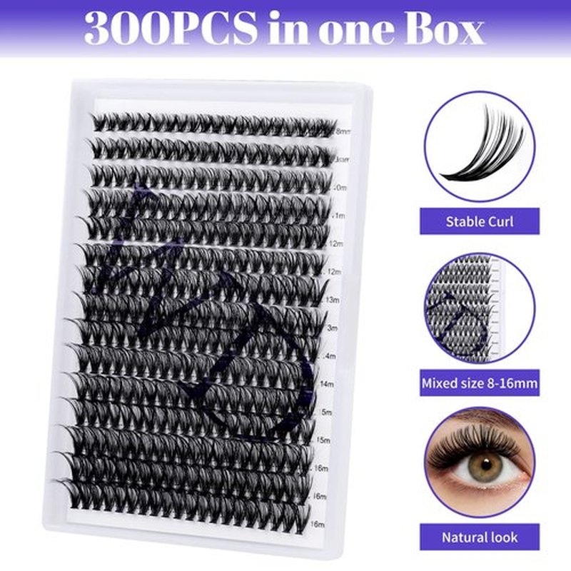 Individual Lashes DIY Eyelash Clusters 300PCS C/D Curl Lash Clusters Comfortable Cat Eye Lashes Super Soft Reusable Wispy Lashes Lash Clusters(300PCS-40D-0.07DD,8-16mm Mixed Tray)