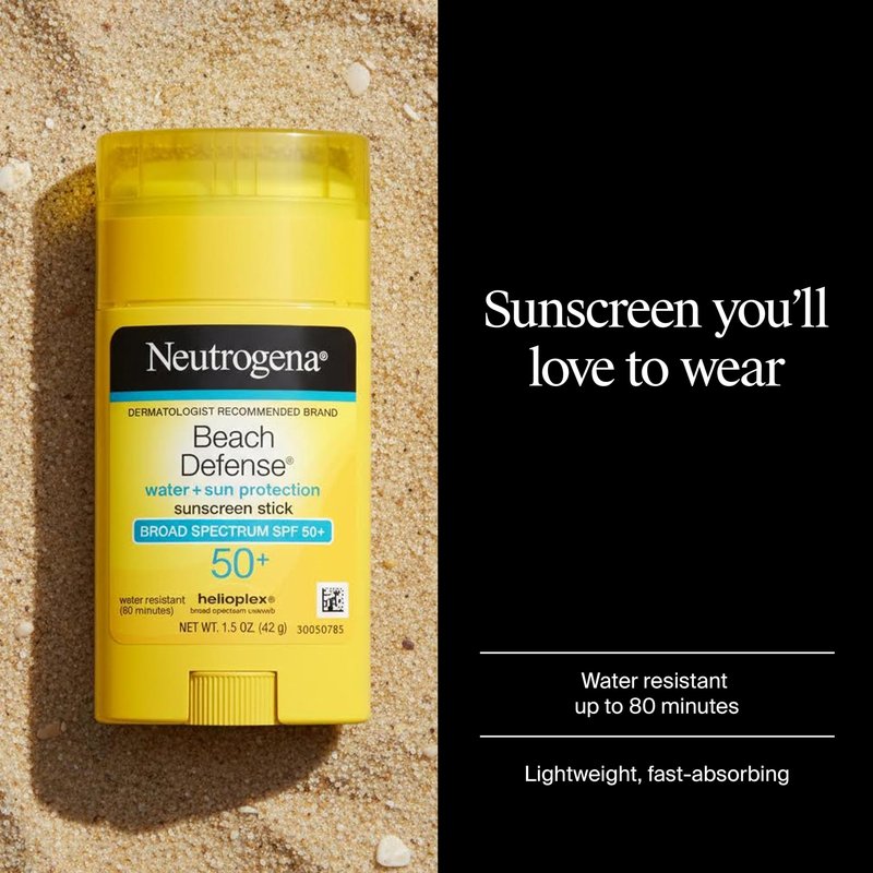 Neutrogena Beach Defense Sunscreen Stick SPF 50 Broad Spectrum UVA UVB Protection Lightweight Water Resistant up to 80 Minutes Oil-Free No-Mess Beach-Strength Sun Protection for Whole Family, 1.5 oz
