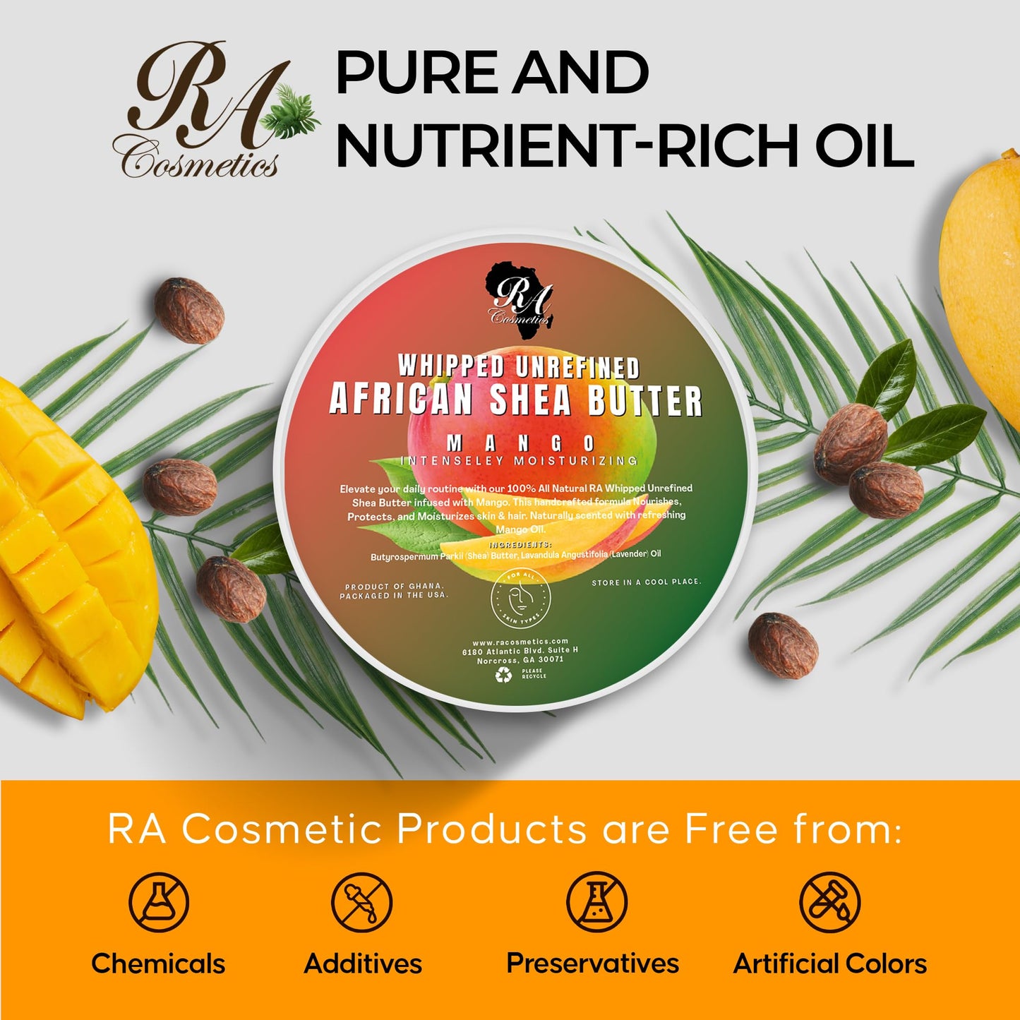 RA COSMETICS Whipped Shea Butter Mango - 6oz | 100% Pure and Natural African Shea Butter for Men & Women - Ultimate Handcrafted Moisturizer with Essential Vitamins for Radiant Skin & Luscious Hair