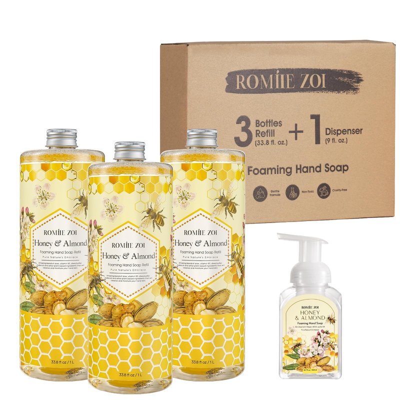 ROMIIE ZOI Foaming Hand Soap Refill- Natural Honey & Almond Fragrance Gentle & Moisturizing Formula Hand Soap Refills with Dispenser for Home & Kitchen, 1 L/ 33.8 FL OZ pack of 3