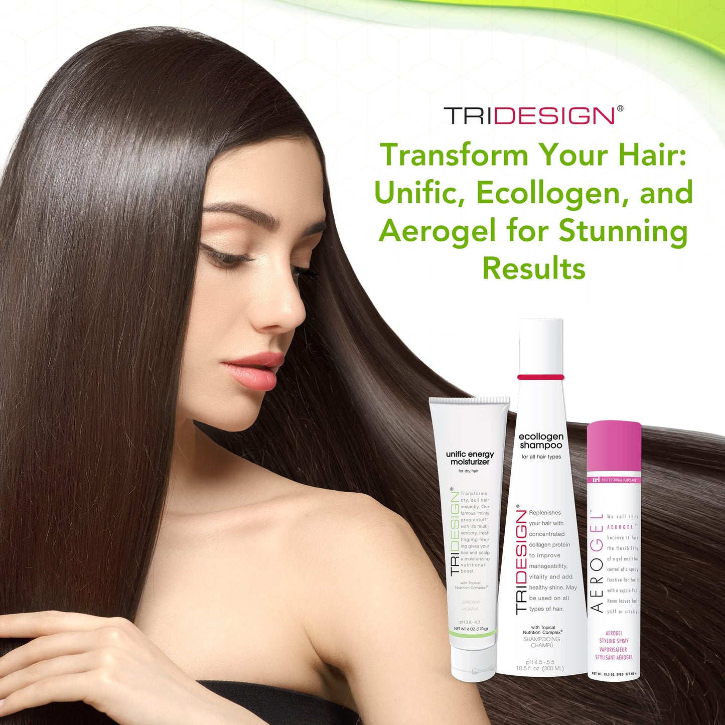 TRI Design Shampoo, Conditioner and Hair Finishing Spray Set - Includes Aerogel Spray Gel 10.5 oz., Ecollogen Collagen Shampoo 10.5 oz. and Unific Energy Moisturizer 6 oz., for All Hair Types