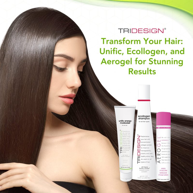 TRI Design Shampoo, Conditioner and Hair Finishing Spray Set - Includes Aerogel Spray Gel 10.5 oz., Ecollogen Collagen Shampoo 10.5 oz. and Unific Energy Moisturizer 6 oz., for All Hair Types