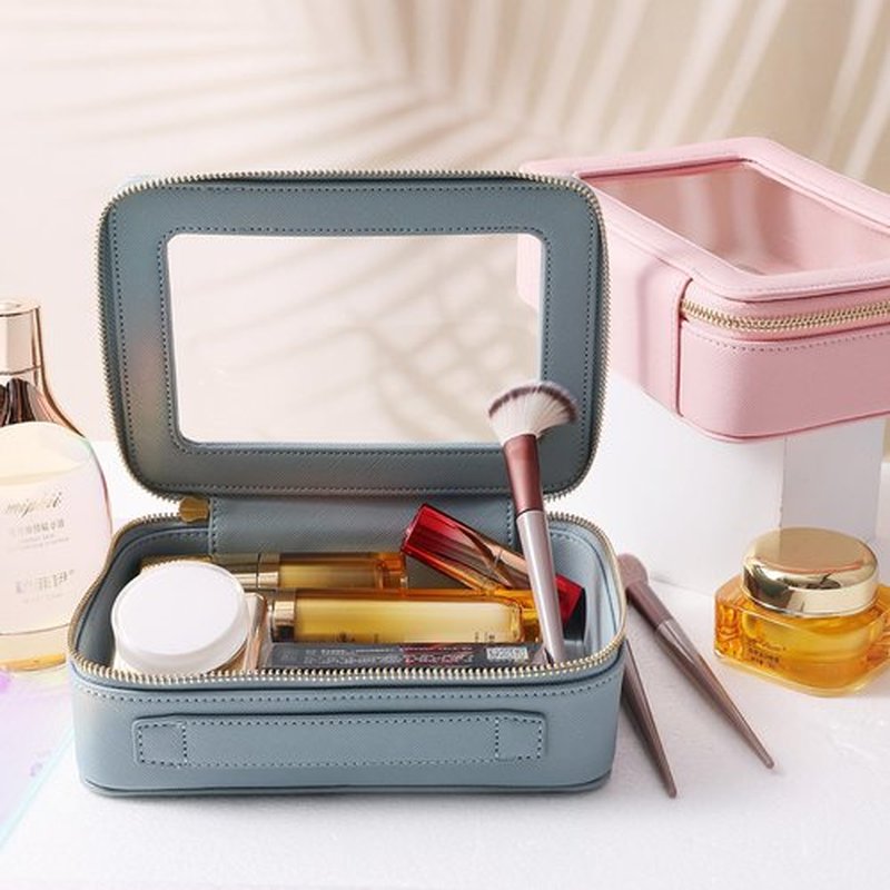 SANHECUN Toiletry bag waterproof cosmetic organizer with handle large opening for travelling (Blue)