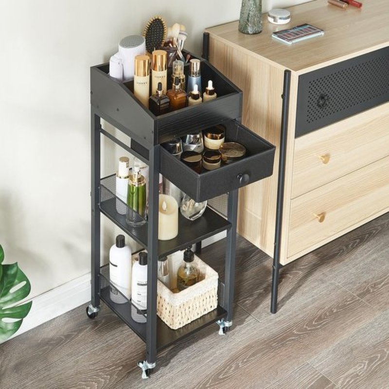 HUSHEDIFY Makeup Organizer Cart,3 Tier Floor Make up Storage Stand with Drawer, Free Standing Skincare Cosmetic Display Holder with Wheels for Vanity Bedroom Dresser Bathroom(Black)