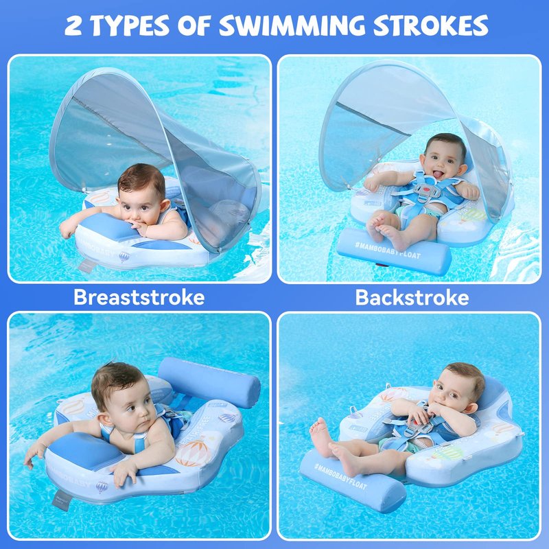 GENTEACO Mambobaby Baby Swim Float with Canopy 3-24 Months Non-Inflatable Infant Floats for Pool Add Tail Avoid Flip Skin-Friendly Material for Toddler Boys Girls(Blue)