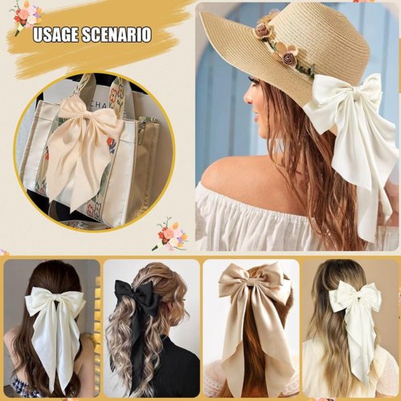 Hair Bows for Women Girls Silky Satin Big Bows Hair Barrettes Oversized Hair Accessories Long Tail Hair Ribbons -3Pcs -Black White Khaki